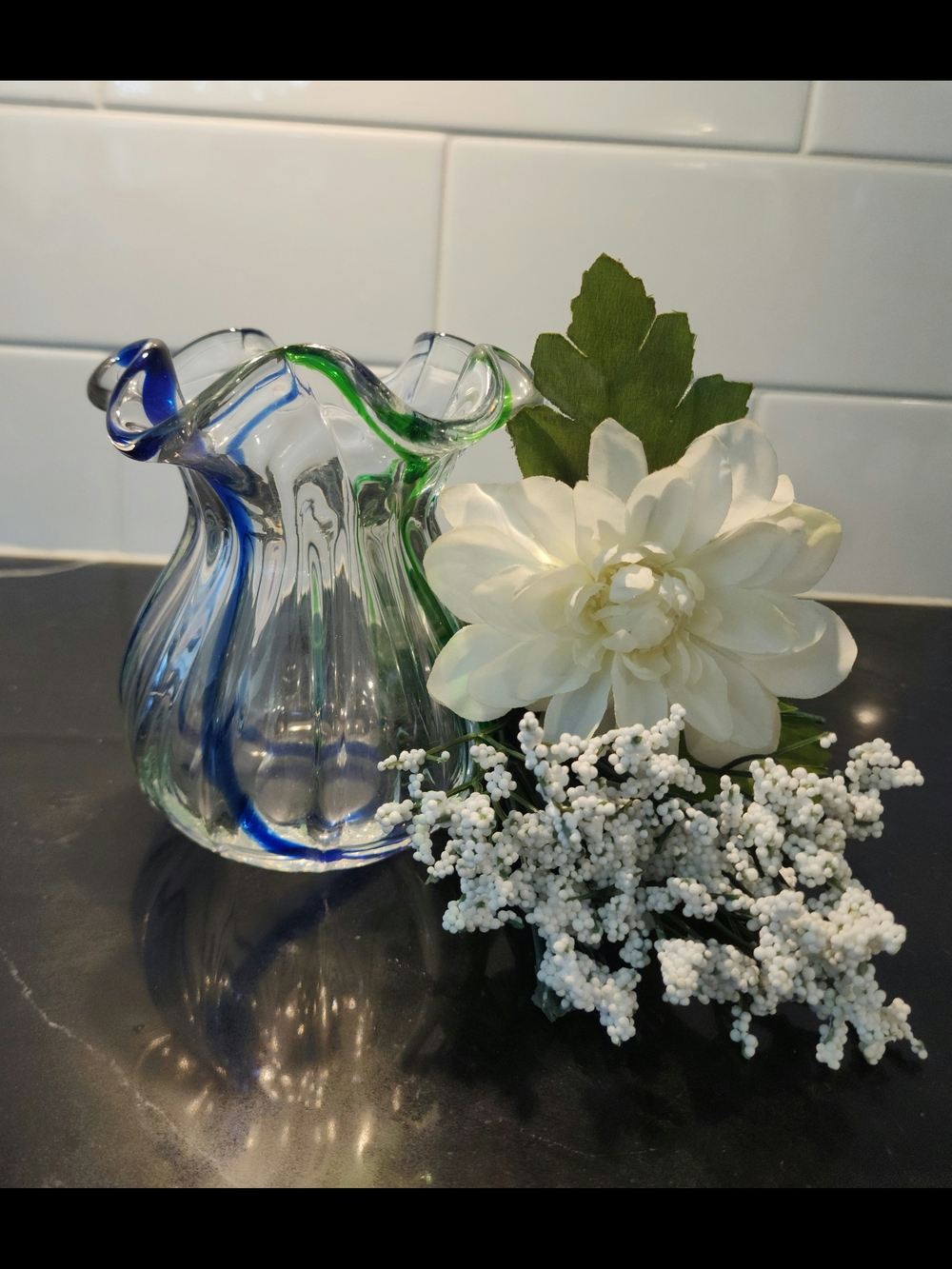 Hand Blown Art‎ Glass Ruffled Vase Blue & Green Swirl | Murano Style